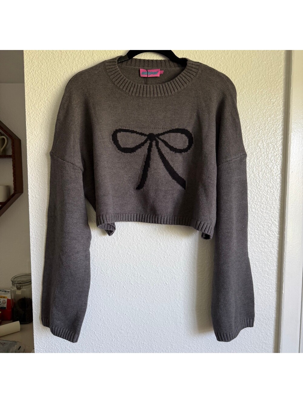 Edikted Gray Bow Knit Sweater Cropped Oversized Coquette Y2K Vibes NWT Large
